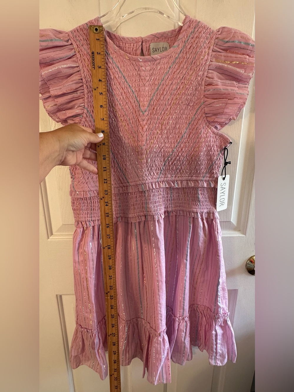SAYLOR Med Feminine Romantic Zinnia Lavender Metallic Cotton Smocked Mini Dress - Picture 13 of 16